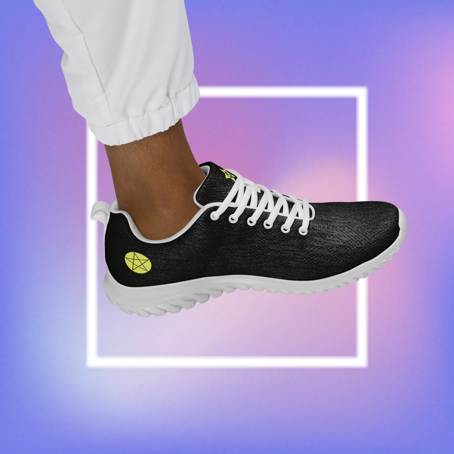 Cozmic Studioz's black Star Athletic Shoes for men, featuring two pentacle star designs printed on each side with a center star logoed CS on the tongue.