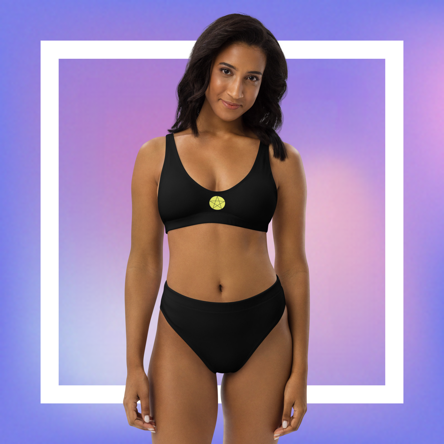Women's black bikini with a yellow pentacle star printed in the center front.