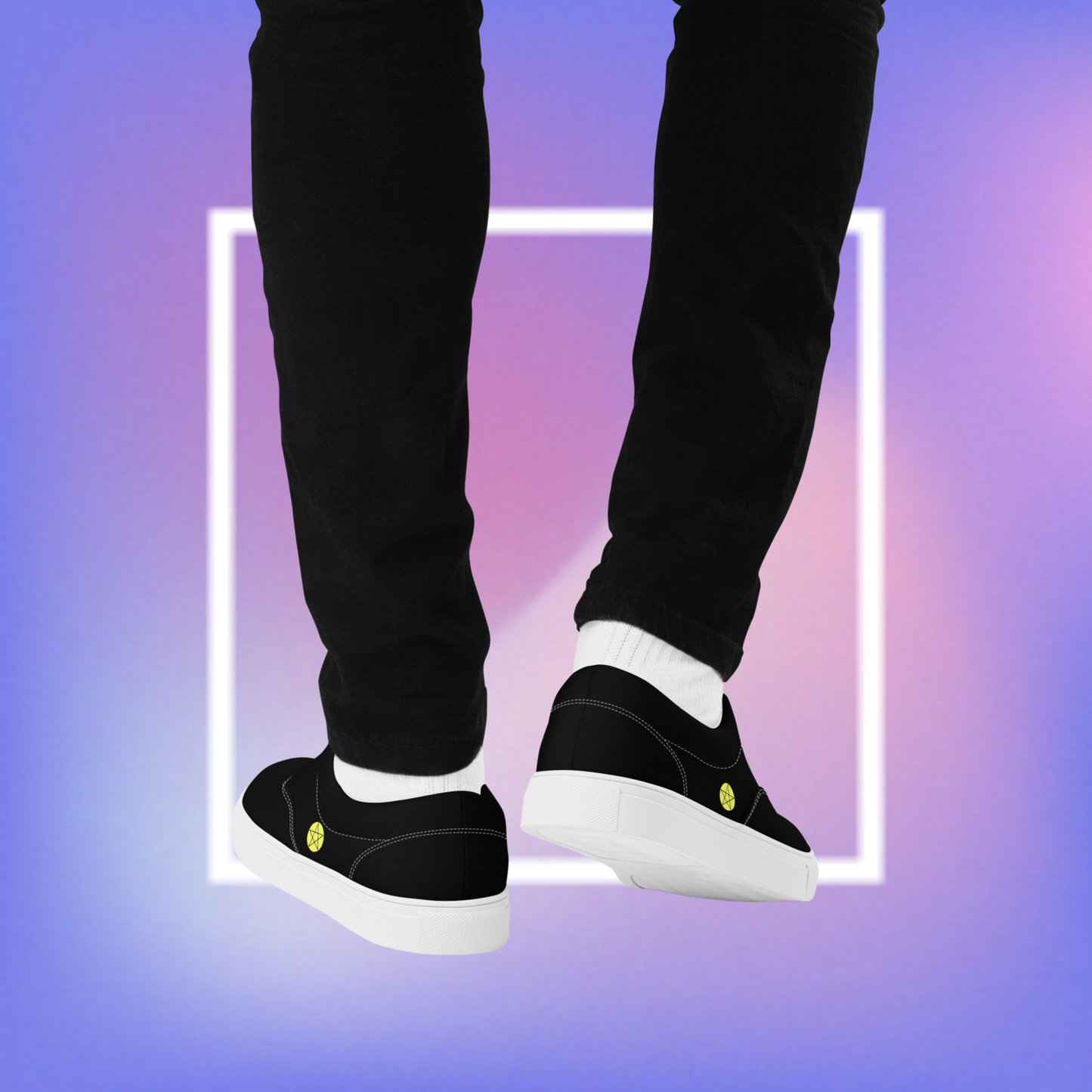 Men's black & white sneakers featuring a pentacle star printed on each outer side of the shoe with a center star logoed CS on the tongue.