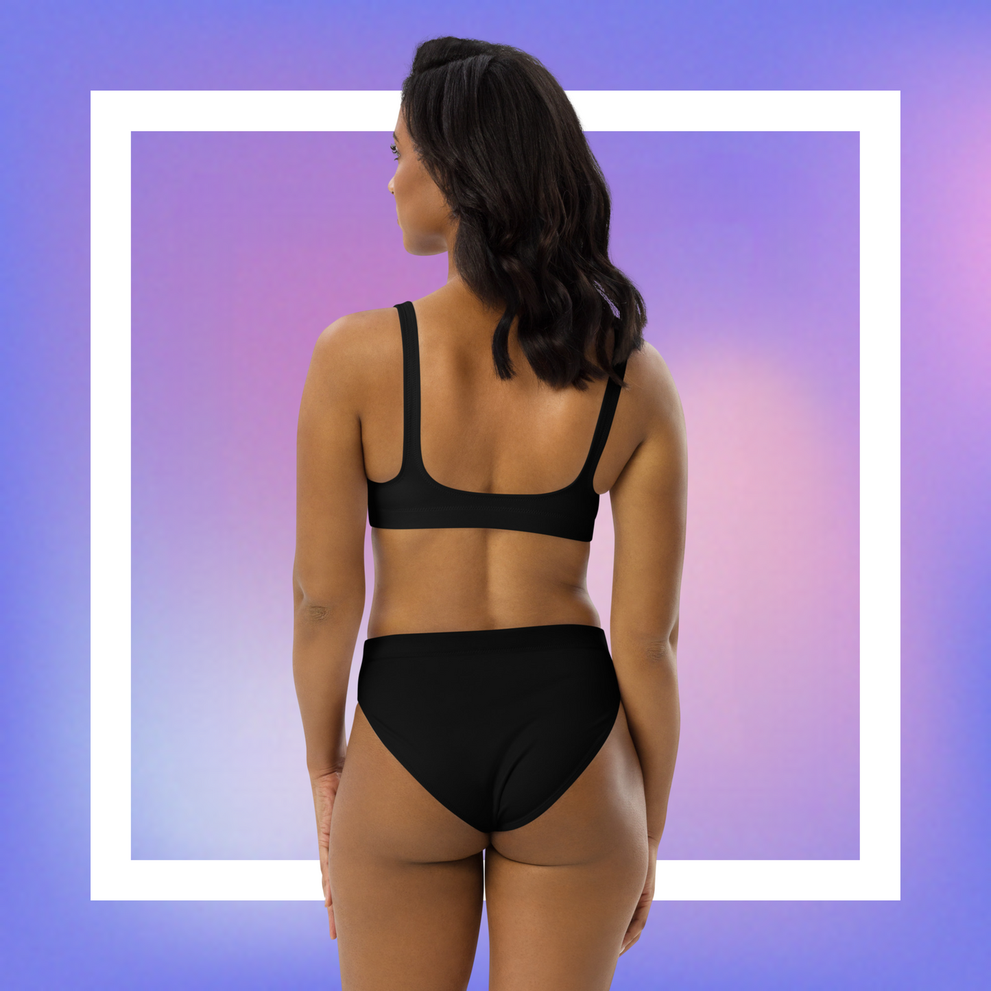 Women's black bikini with a yellow pentacle star printed in the center front.