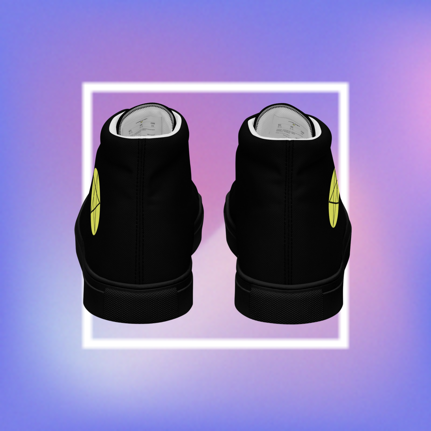 Cozmic Studioz's black high top shoes with yellow pentacle prints on each side and a CS initialed star on the tongue for men.