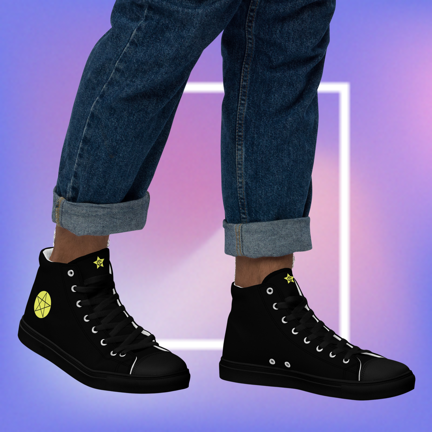 Cozmic Studioz's black high top shoes with yellow pentacle prints on each side and a CS initialed star on the tongue for men.