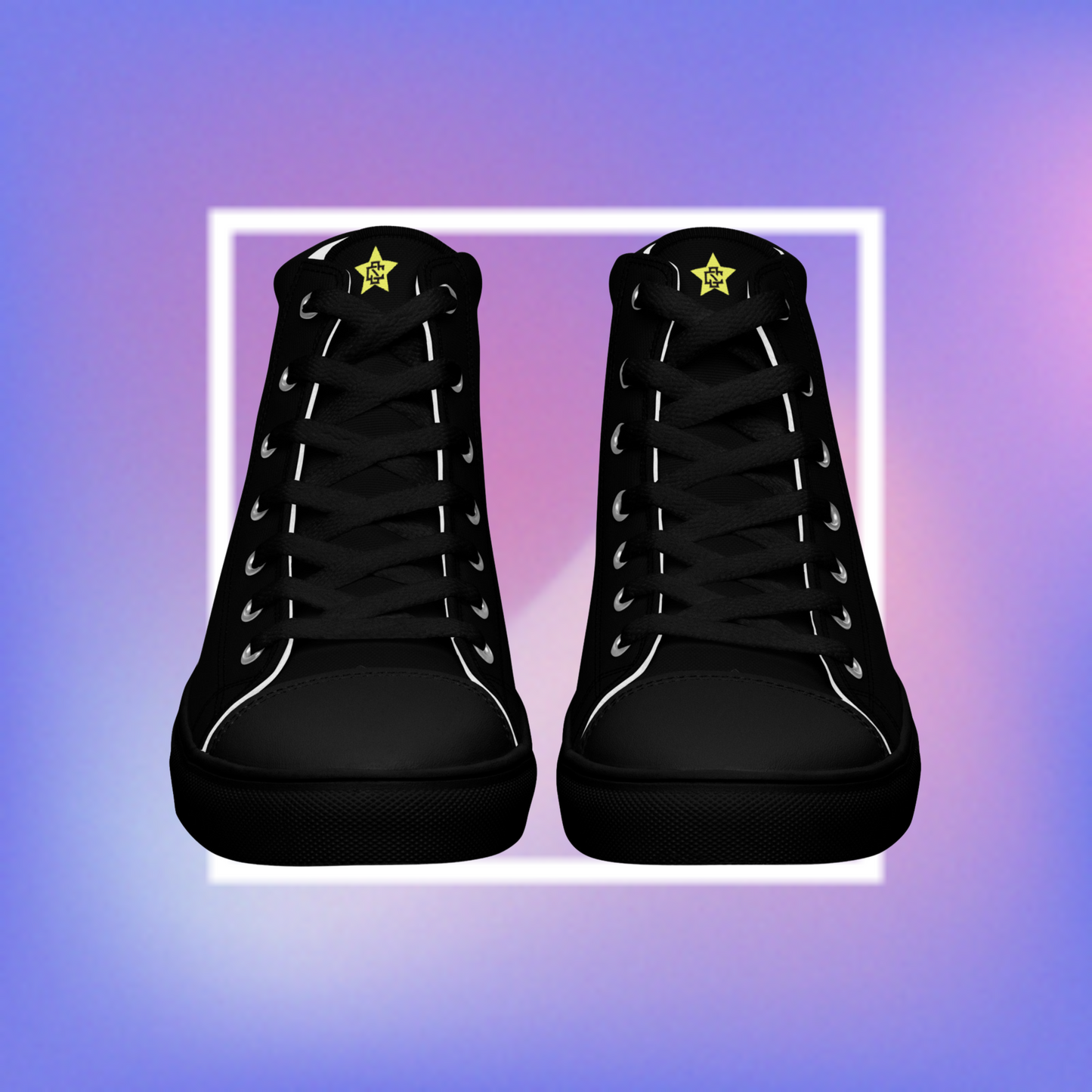 Cozmic Studioz's black high top shoes with yellow pentacle prints on each side and a CS initialed star on the tongue for men.