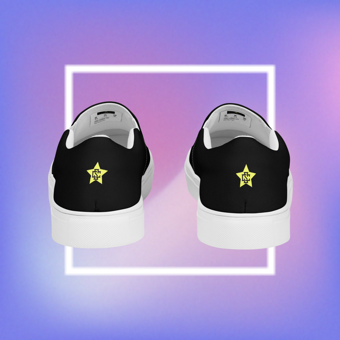 Men's black slip-ons featuring a yellow printed pentacle star in the tongue of the shoe and a signature star initialed CS in the center back of the shoe.