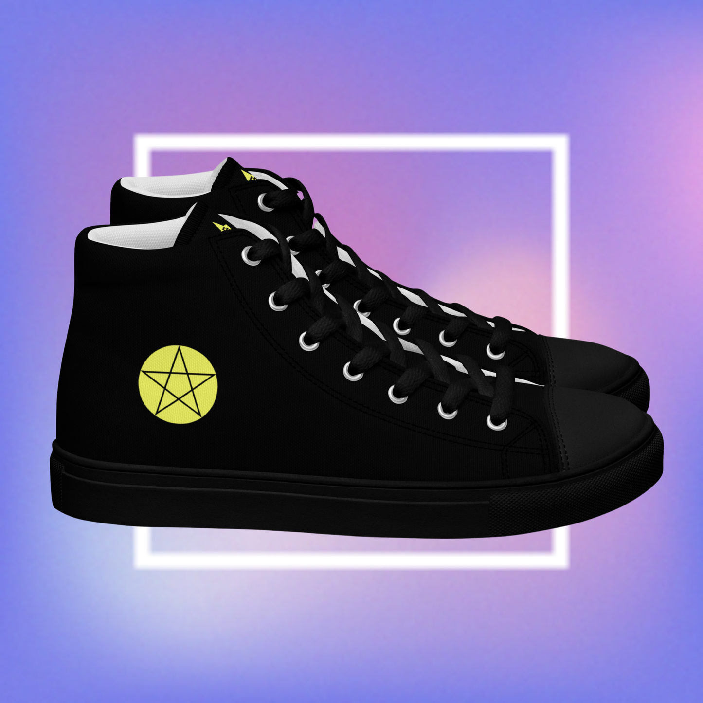 Cozmic Studioz's black high top shoes with yellow pentacle prints on each side and a CS initialed star on the tongue for men.