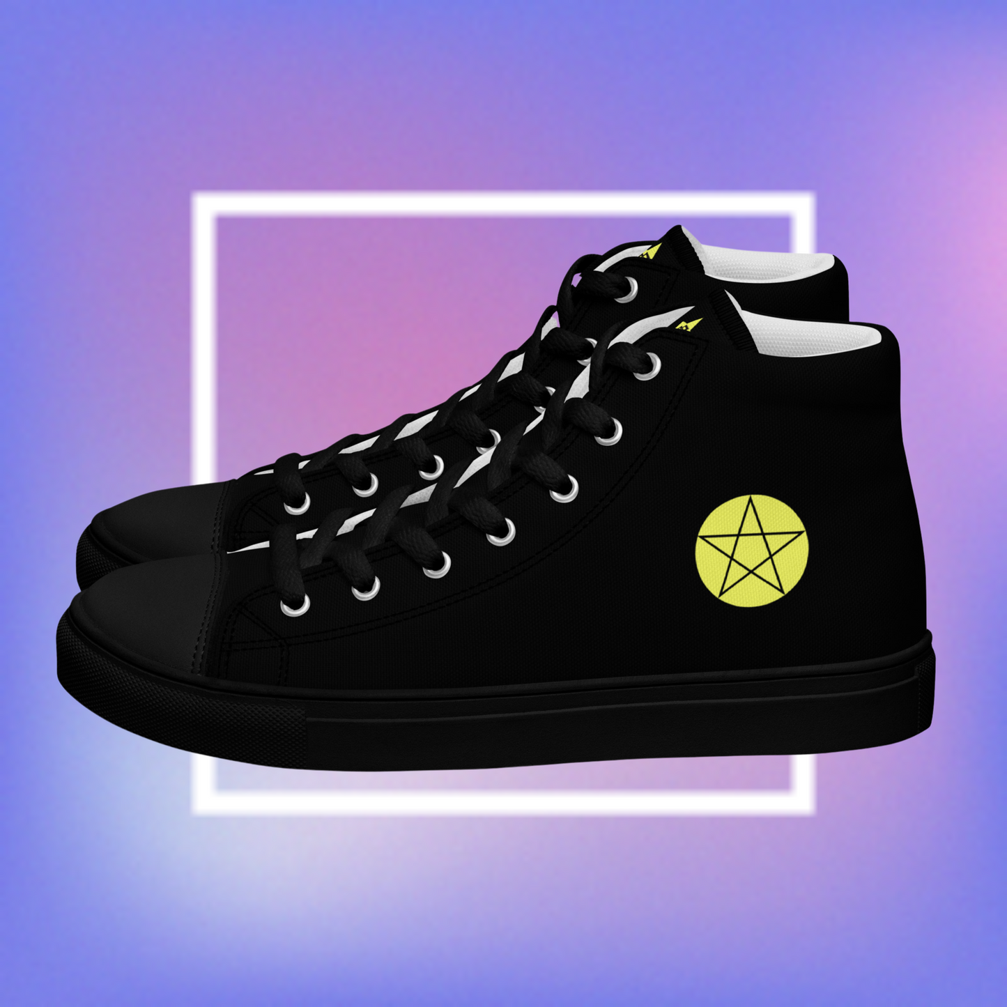 Cozmic Studioz's black high top shoes with yellow pentacle prints on each side and a CS initialed star on the tongue for men.