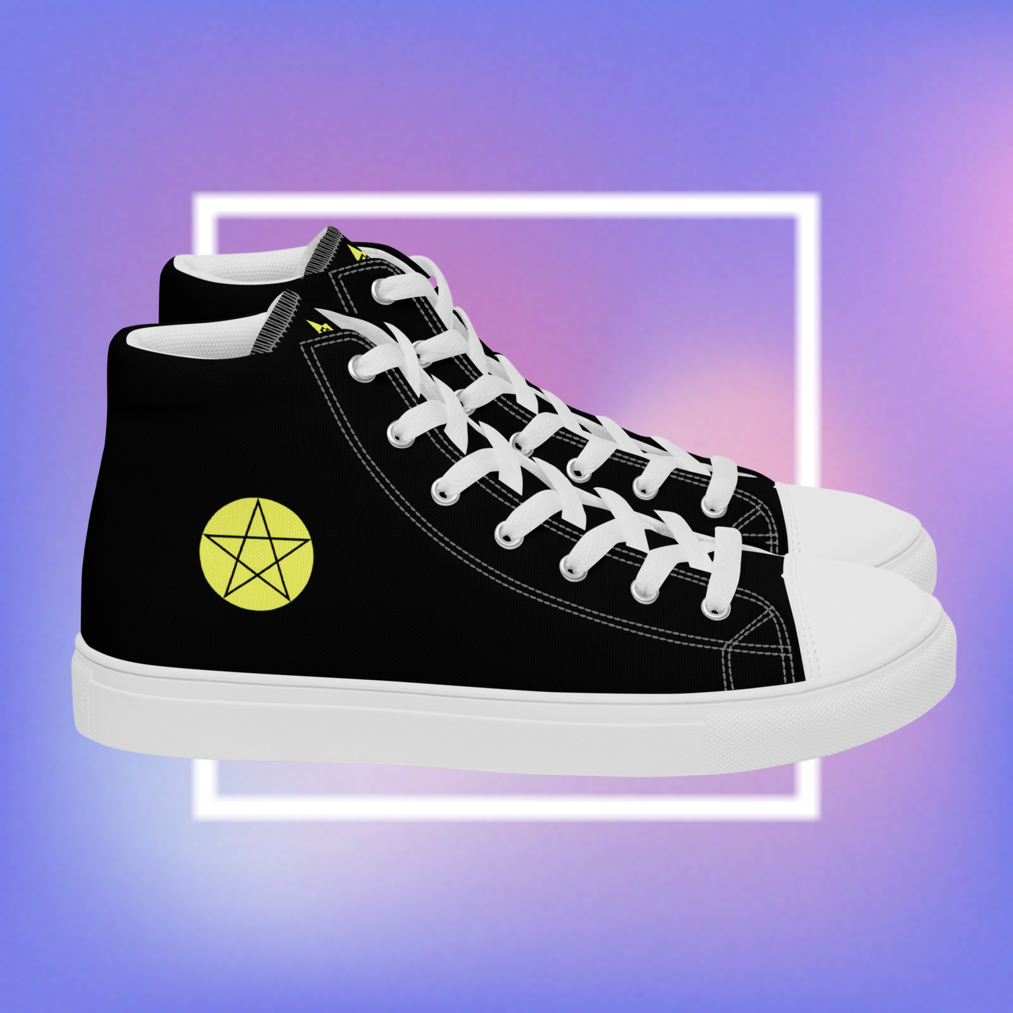 Cozmic Studioz's black and white high top shoes with yellow pentacle prints on each side and a CS initialed star on the tongue for men.