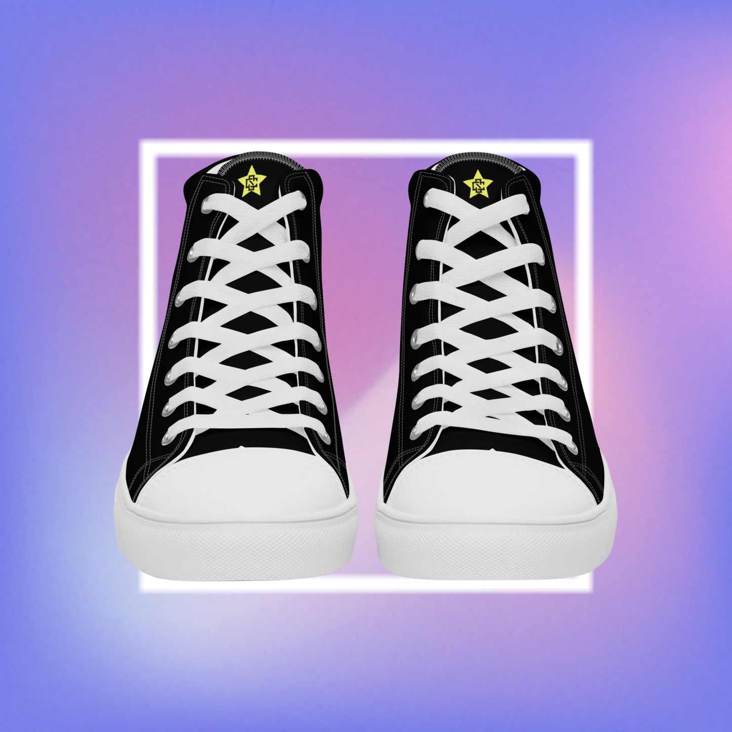 Cozmic Studioz's black and white high top shoes with yellow pentacle prints on each side and a CS initialed star on the tongue for men.