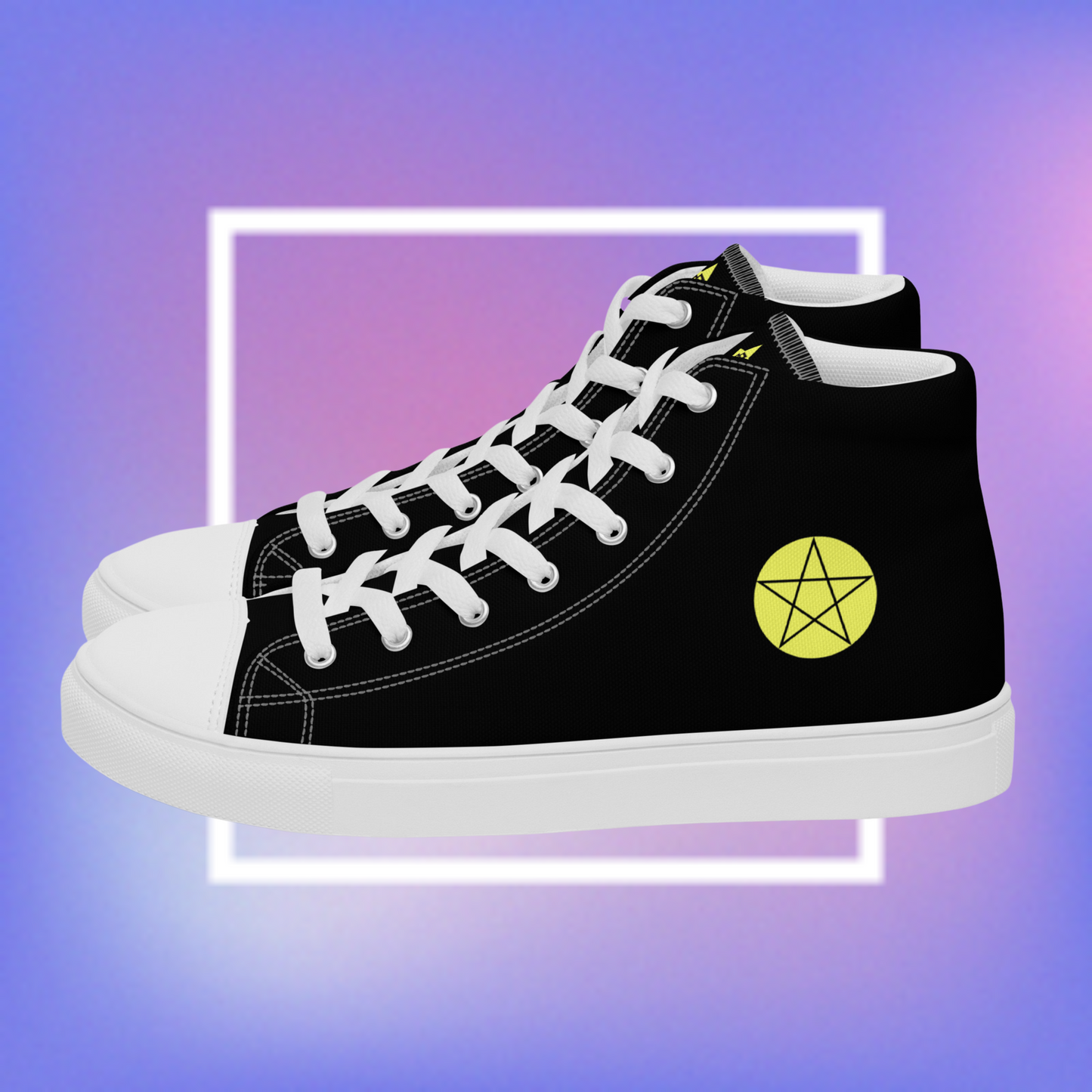 Cozmic Studioz's black and white high top shoes with yellow pentacle prints on each side and a CS initialed star on the tongue for men.