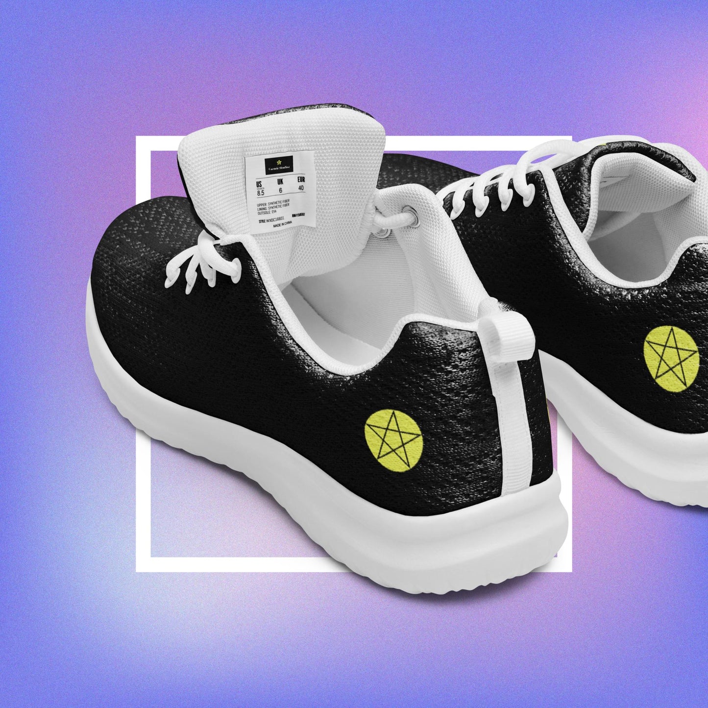 Cozmic Studioz's black Star Athletic Shoes for men, featuring two pentacle star designs printed on each side with a center star logoed CS on the tongue.