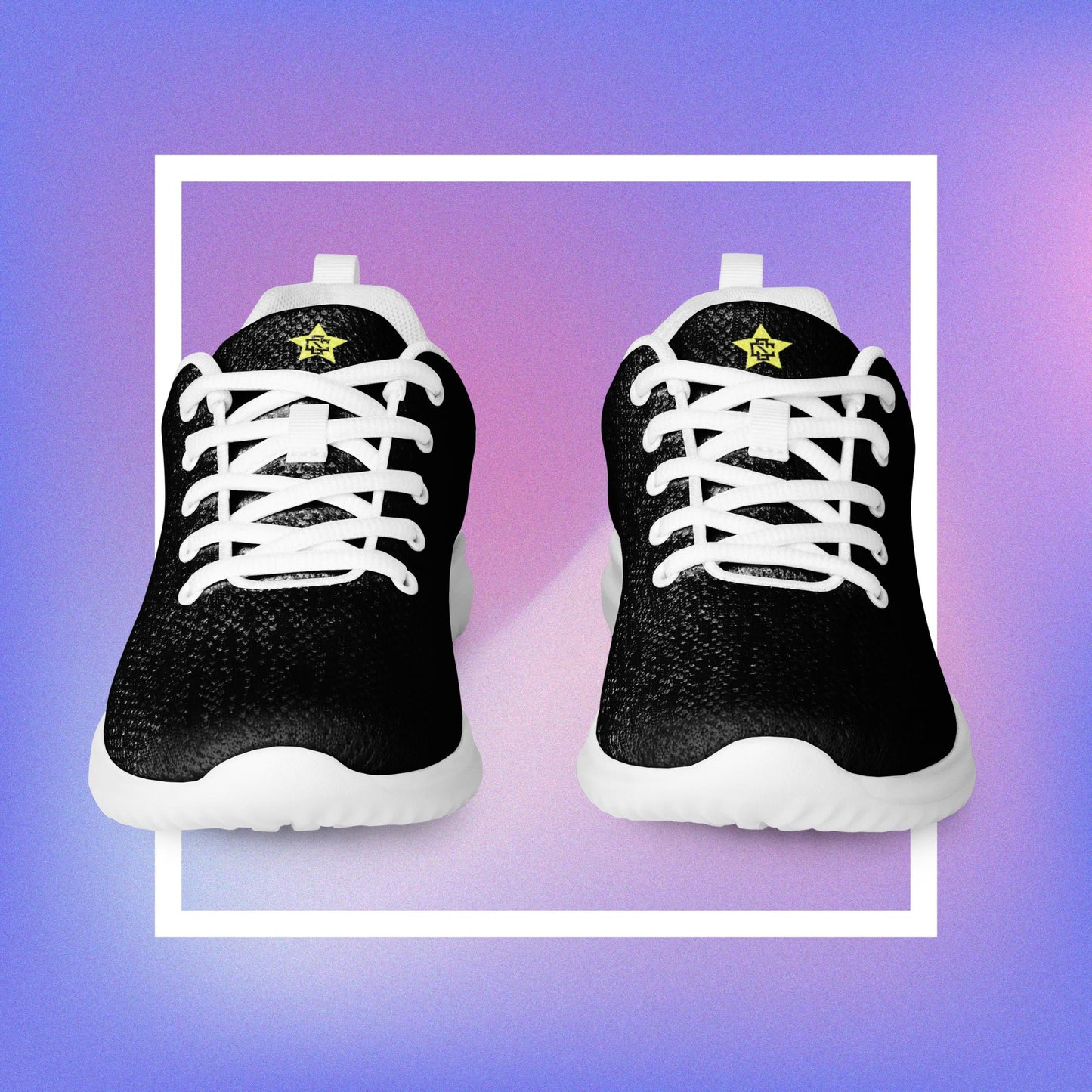 Cozmic Studioz's black Star Athletic Shoes for men, featuring two pentacle star designs printed on each side with a center star logoed CS on the tongue.