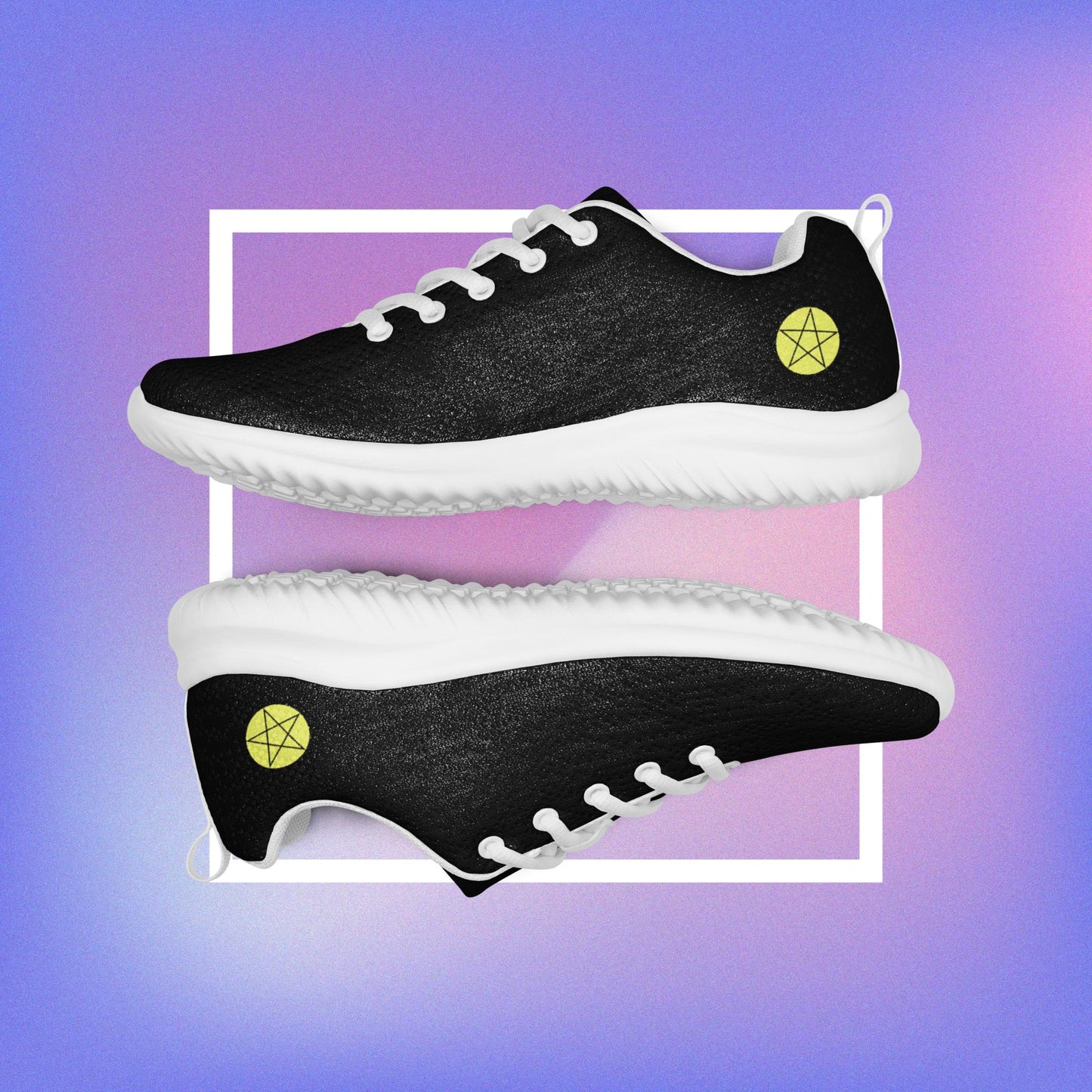 Cozmic Studioz's black Star Athletic Shoes for men, featuring two pentacle star designs printed on each side with a center star logoed CS on the tongue.