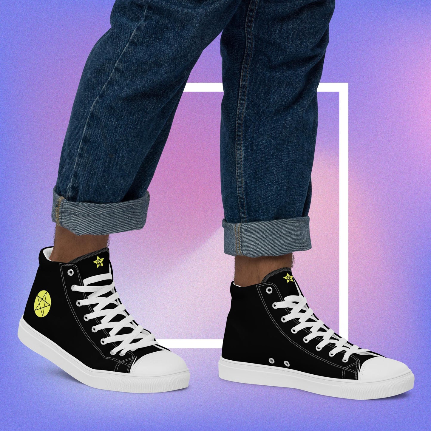 Cozmic Studioz's black and white high top shoes with yellow pentacle prints on each side and a CS initialed star on the tongue for men.