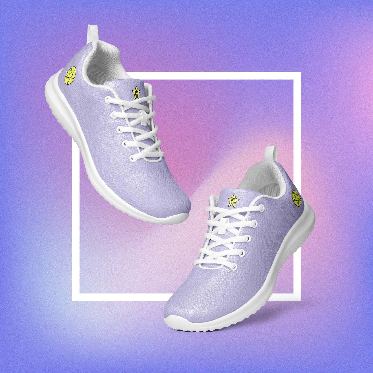Women's purple athletic shoes featuring two pentacle star designs printed on each side with a center star logoed CS on the tongue.