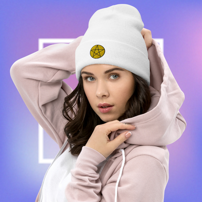 White beanie with a yellow pentacle star design, for women.