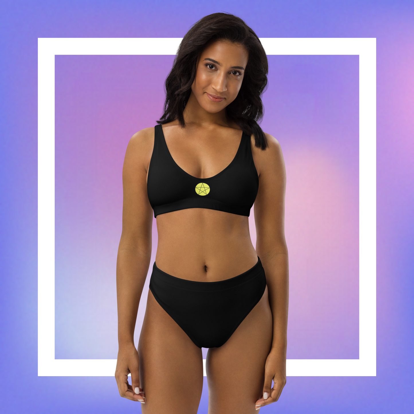 Women's black bikini with a yellow pentacle star printed in the center front. 