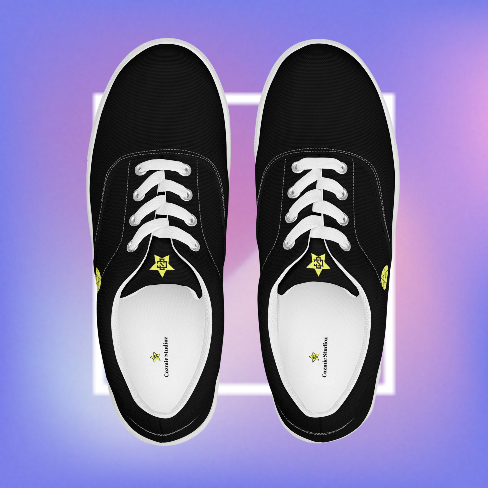  Women's black & white sneakers featuring a pentacle star printed on each outer side of the shoe with a center star logoed CS on the tongue. 