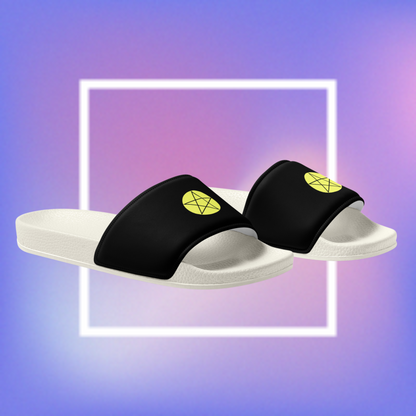 Men's black & white slides featuring a pentacle star design.