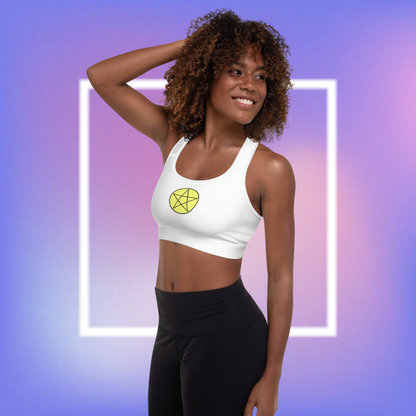 Women's white sports bra with a yellow center printed pentacle star in the front and a white angel wing and purple demon wing in the back. 