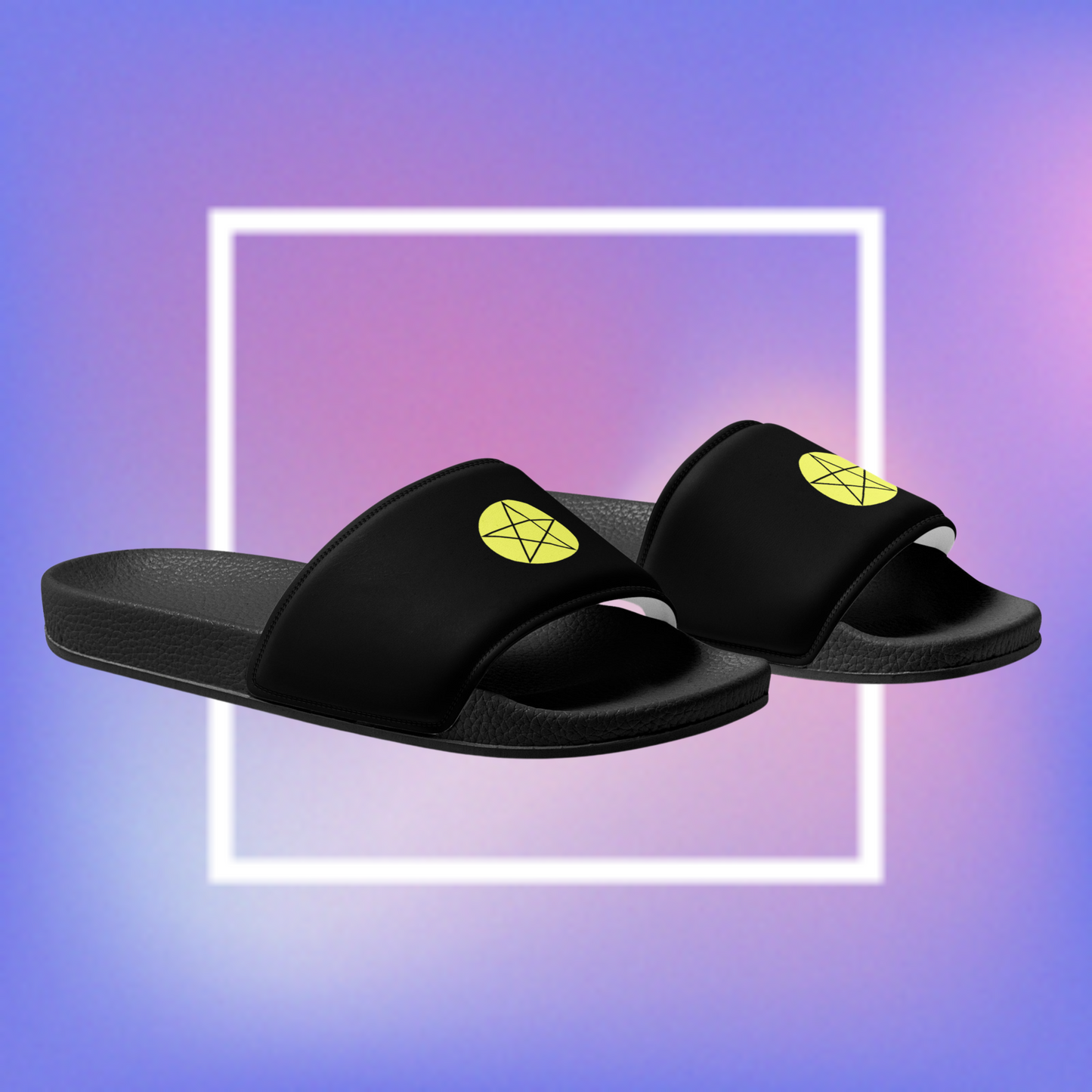 Men's black slides featuring a pentacle star design.