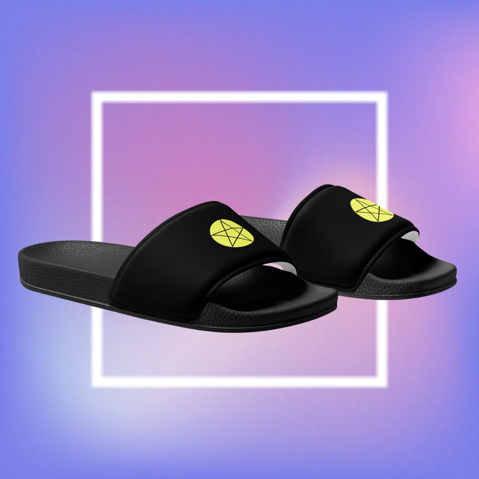 Men's black slides featuring a pentacle star design.