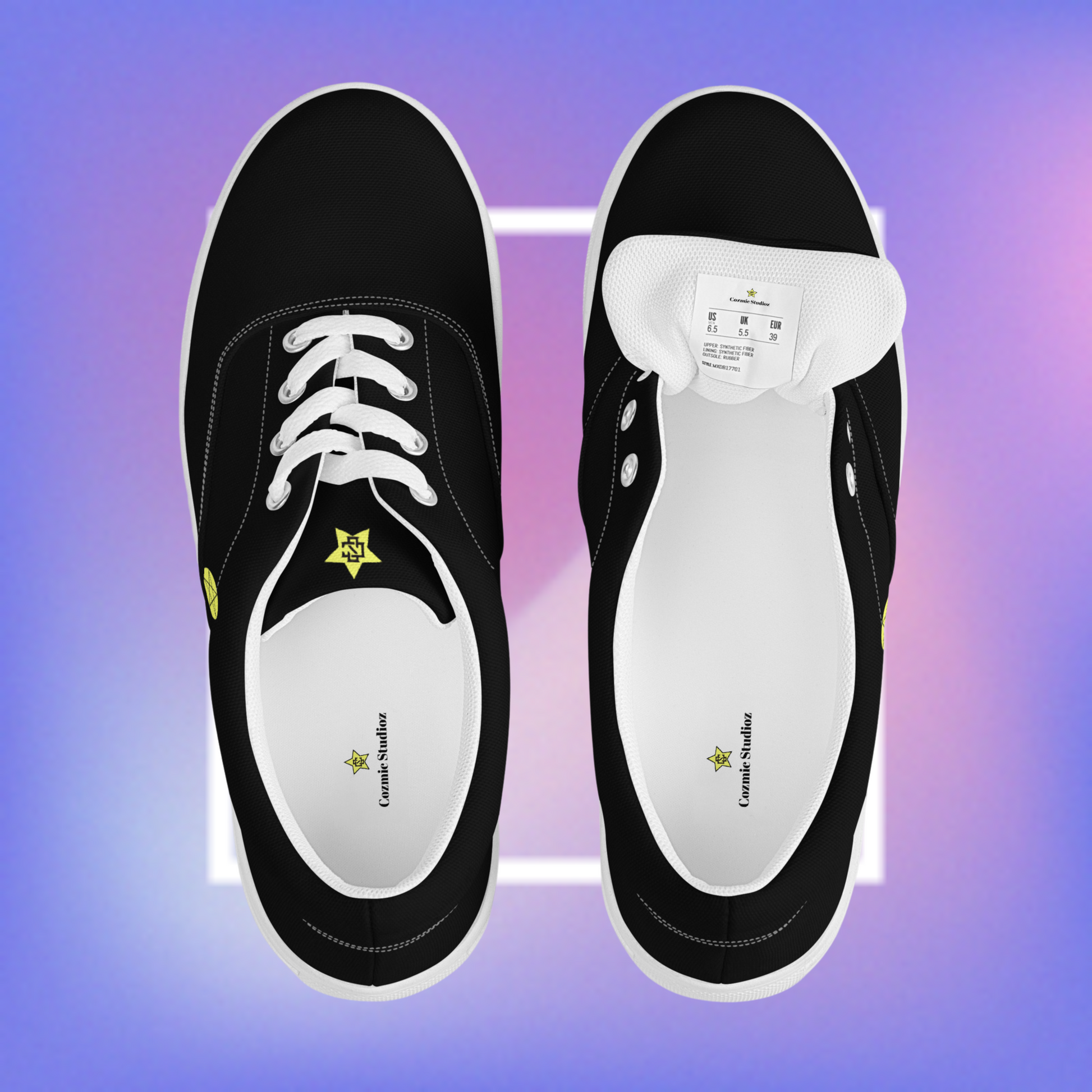  Women's black & white sneakers featuring a pentacle star printed on each outer side of the shoe with a center star logoed CS on the tongue. 