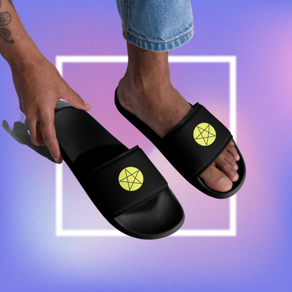 Men's black slides featuring a pentacle star design.