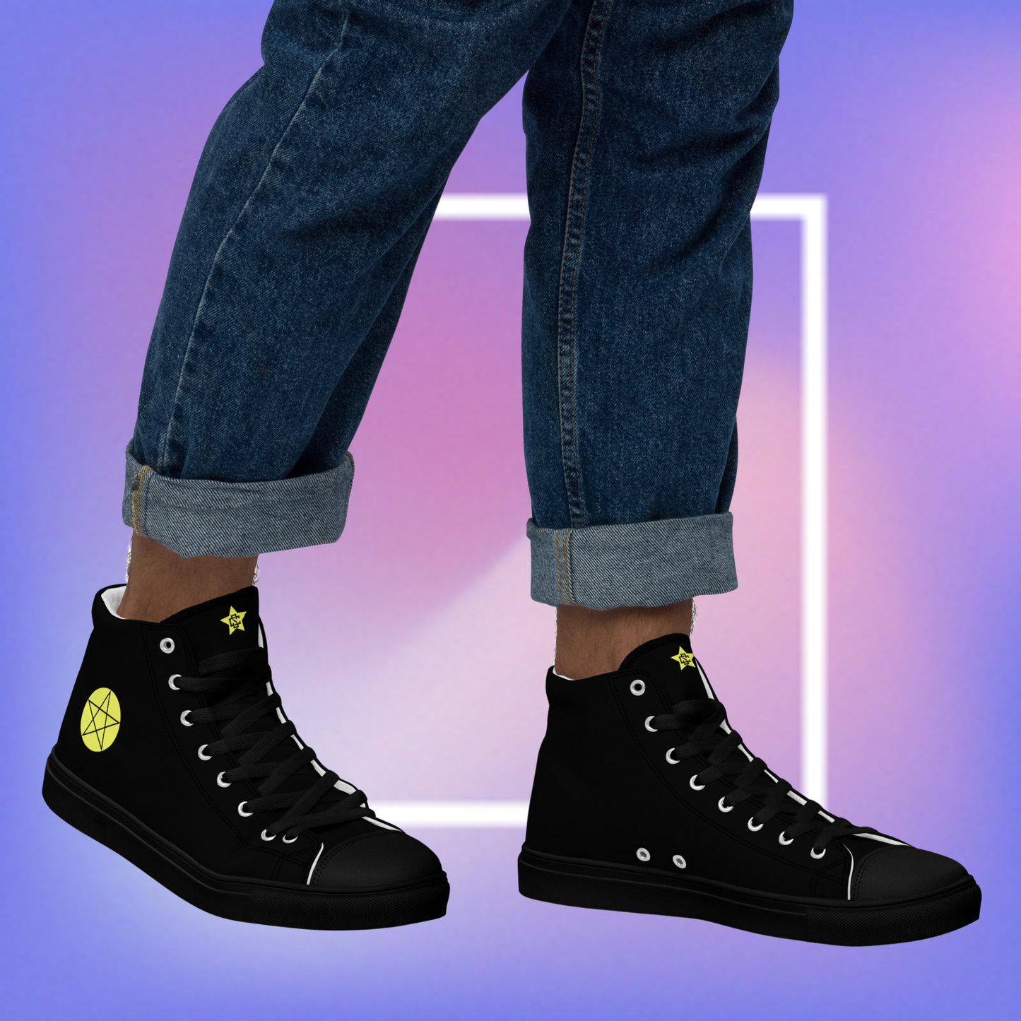 Cozmic Studioz's black high top shoes with yellow pentacle prints on each side and a CS initialed star on the tongue for men. 