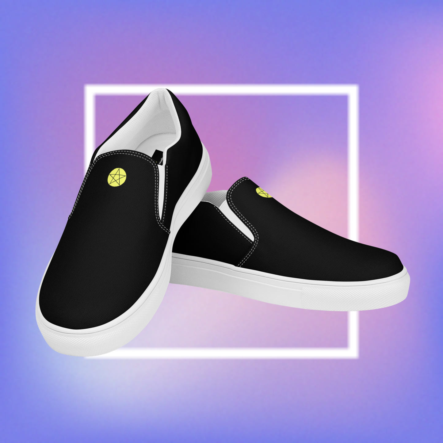 Women's black slip-ons featuring a yellow printed pentacle star in the center  tongue of the shoe and a signature star initialed CS in the center back of the shoe.  