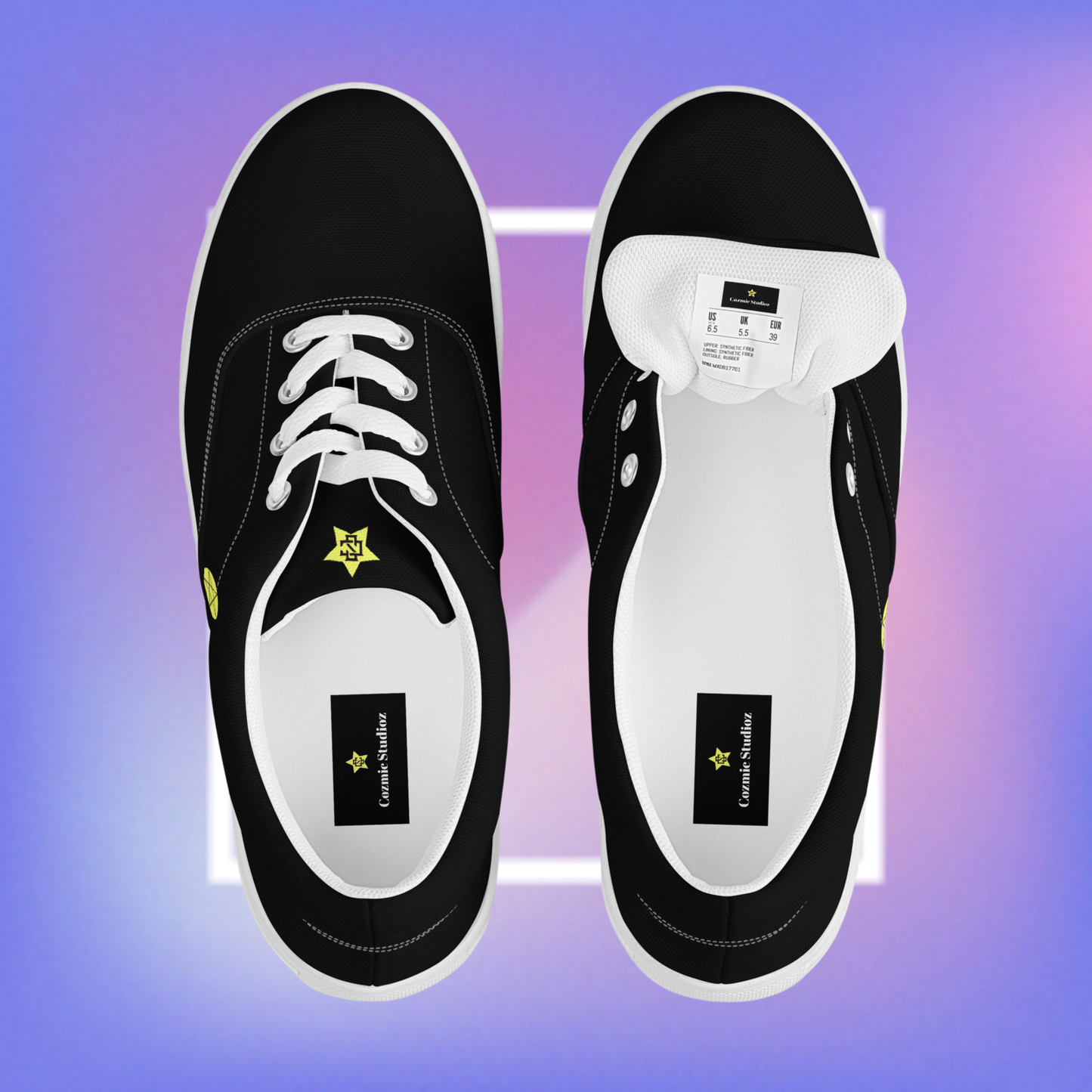 Men's black & white sneakers featuring a pentacle star printed on each outer side of the shoe with a center star logoed CS on the tongue. 