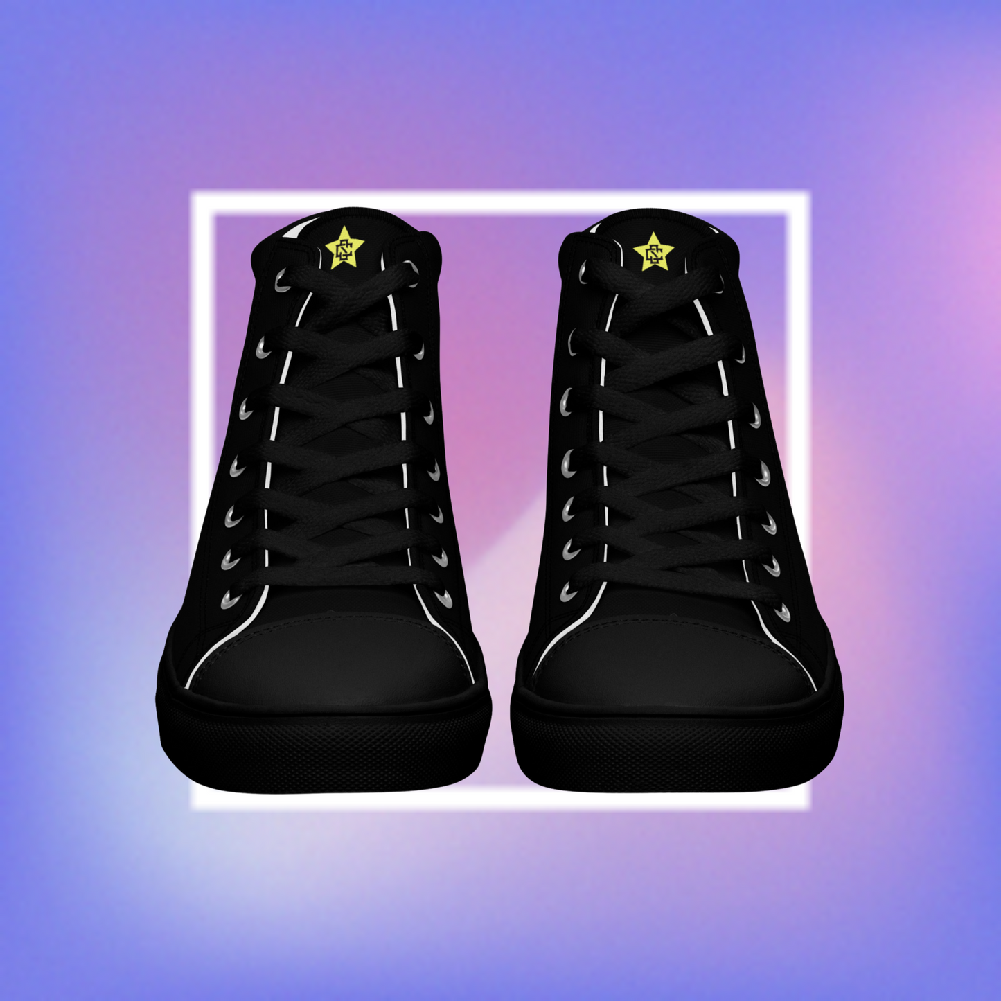 Cozmic Studioz's black high top shoes with yellow pentacle prints on each side and a CS initialed star on the tongue for men. 