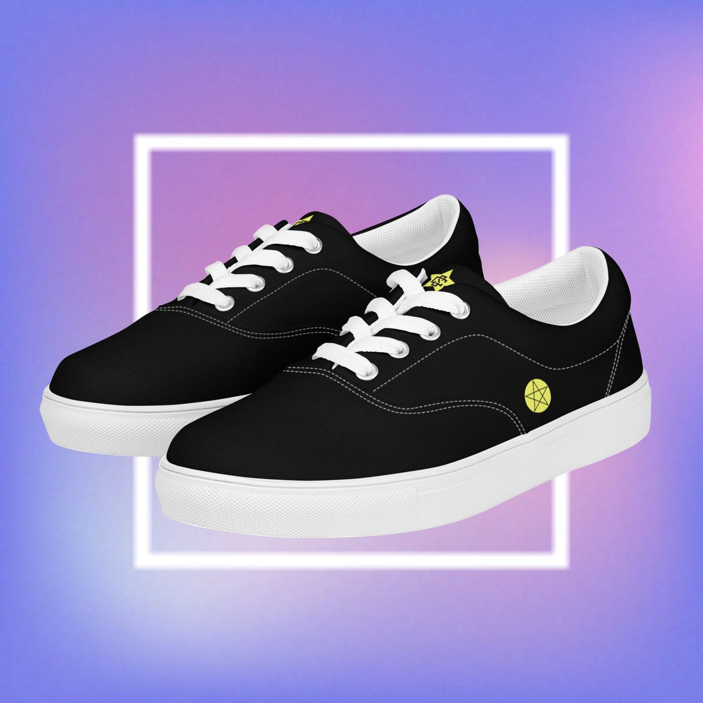  Women's black & white sneakers featuring a pentacle star printed on each outer side of the shoe with a center star logoed CS on the tongue. 