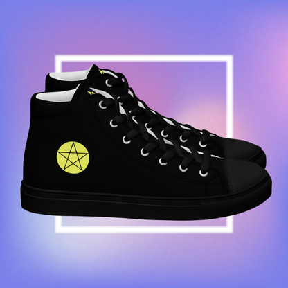 Cozmic Studioz's black high top shoes with yellow pentacle prints on each side and a CS initialed star on the tongue for men. 