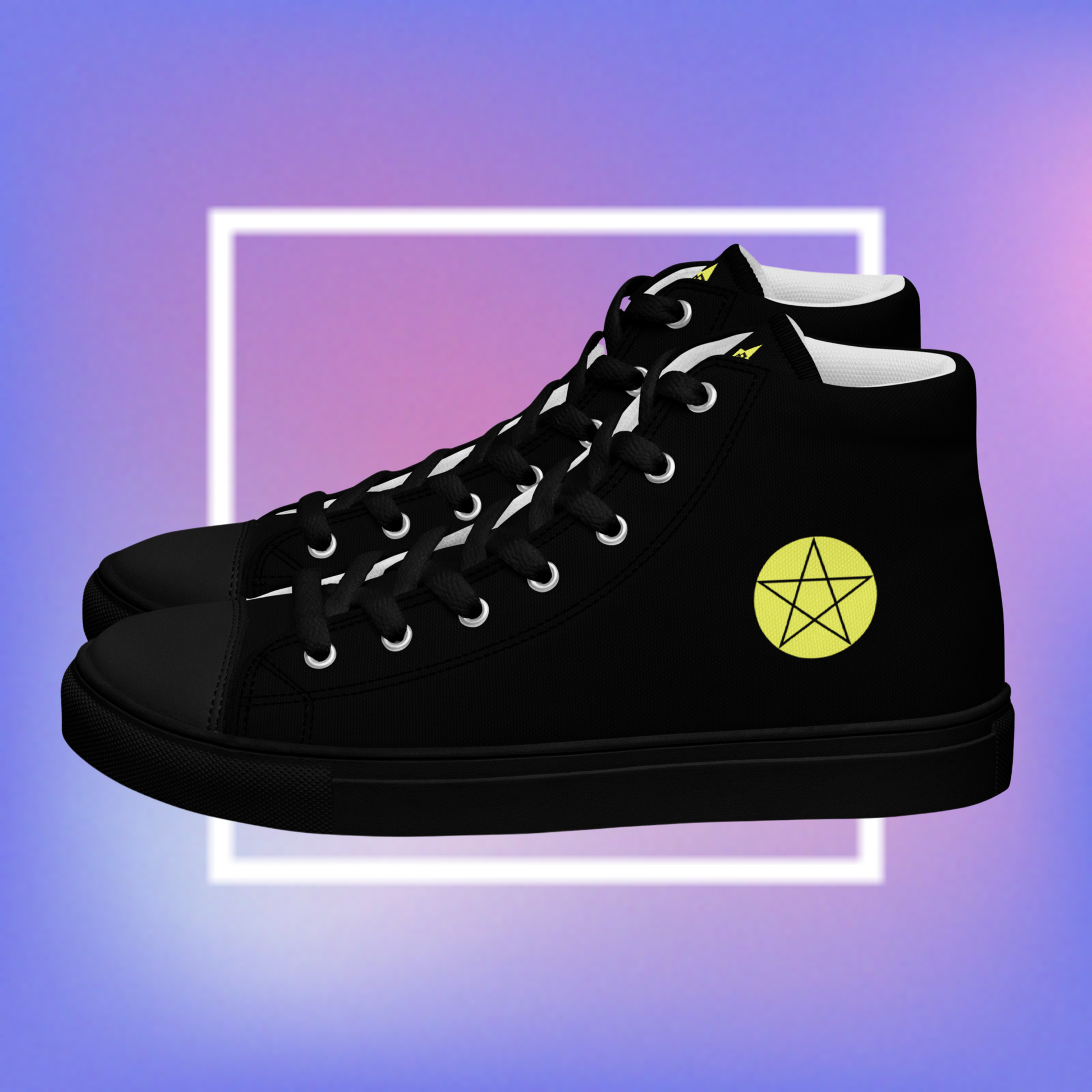 Cozmic Studioz's black high top shoes with yellow pentacle prints on each side and a CS initialed star on the tongue for men. 