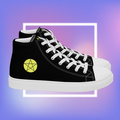 Cozmic Studioz's black and white high top shoes with yellow pentacle prints on each side and a CS initialed star on the tongue for men. 