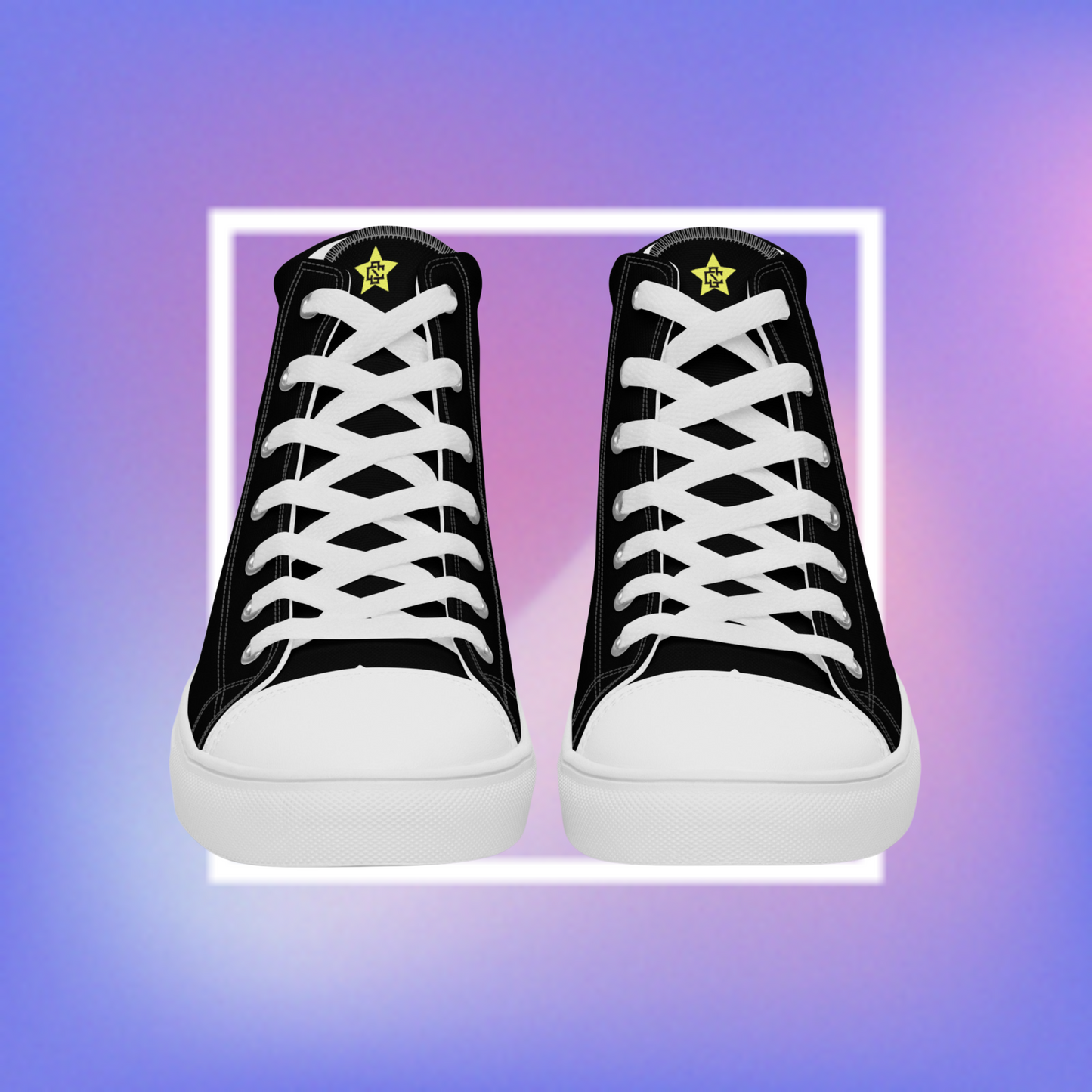 Cozmic Studioz's black and white high top shoes with yellow pentacle prints on each side and a CS initialed star on the tongue for men. 