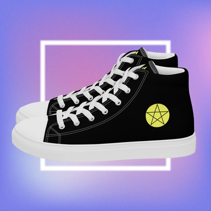 Cozmic Studioz's black and white high top shoes with yellow pentacle prints on each side and a CS initialed star on the tongue for men. 