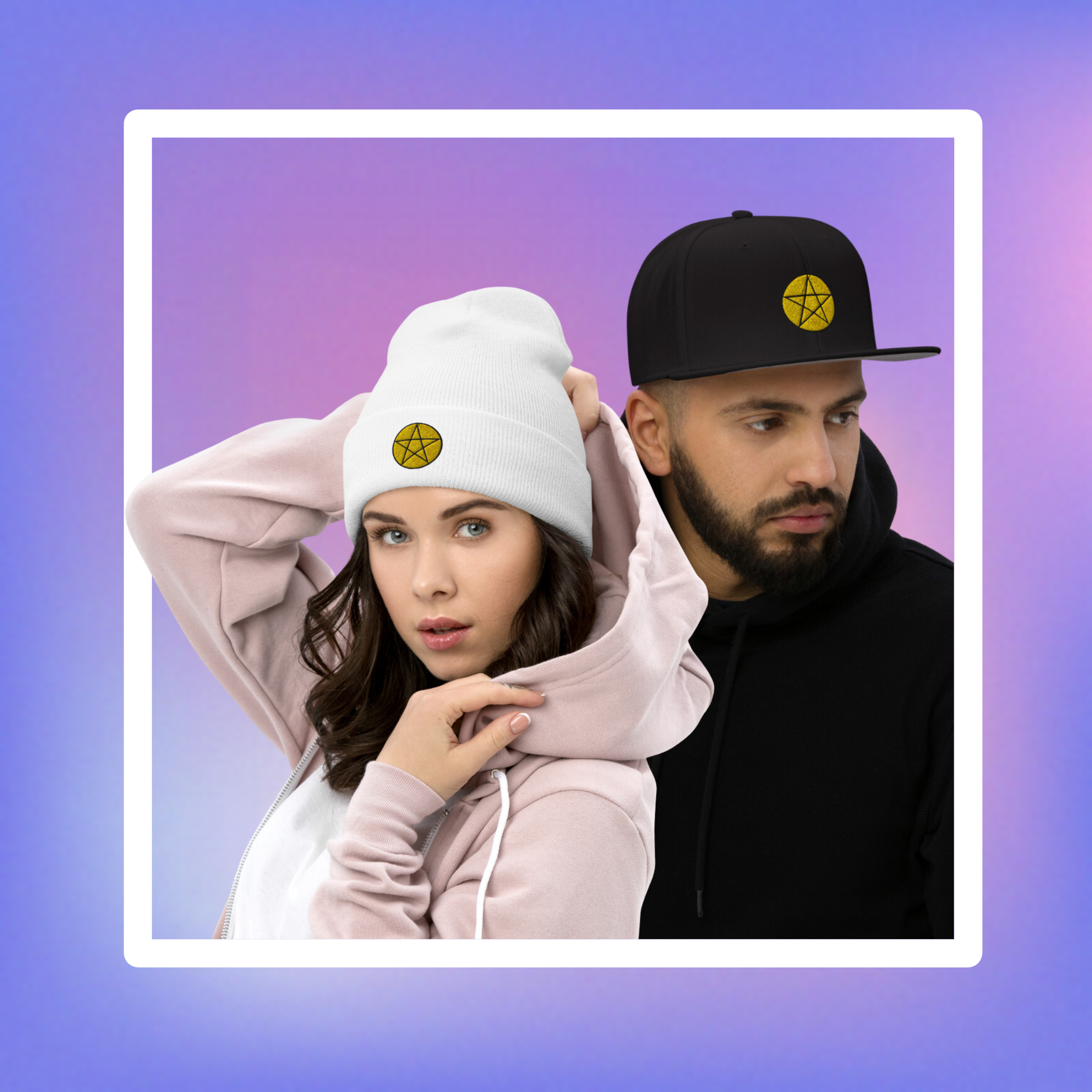 A male & female modeling Cozmic Studioz's hats, specifically, a white beanie with a yellow printed pentacle star and a black cap with a yellow printed pentacle star. 