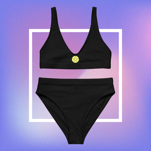 Women's black bikini with a yellow pentacle star printed in the center front. 