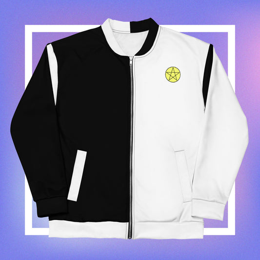 Cozmic's B&W Jacket: A bold men's black and white jacket featuring a yellow pentacle star on the front and iconic characters Fandom & Phantom on the back.