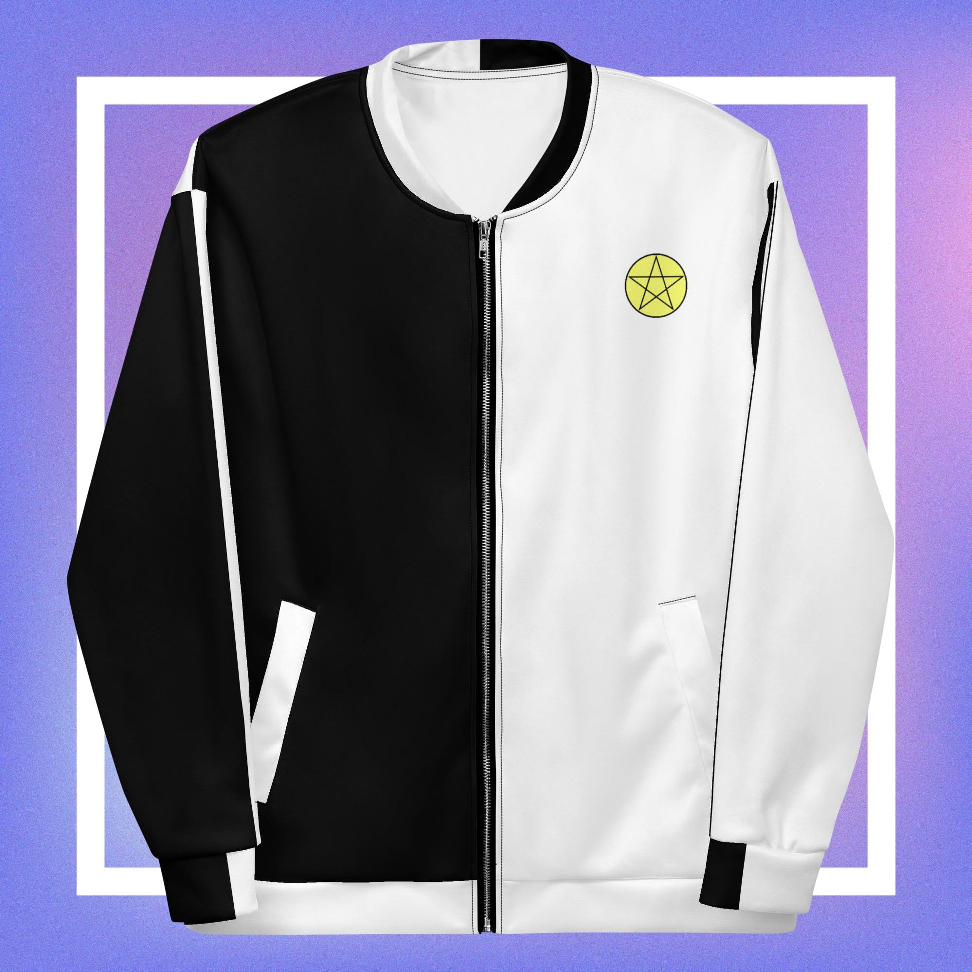 Cozmic's B&W Jacket: A bold women's black and white jacket featuring a yellow pentacle star on the front and iconic characters Fandom & Phantom on the back.