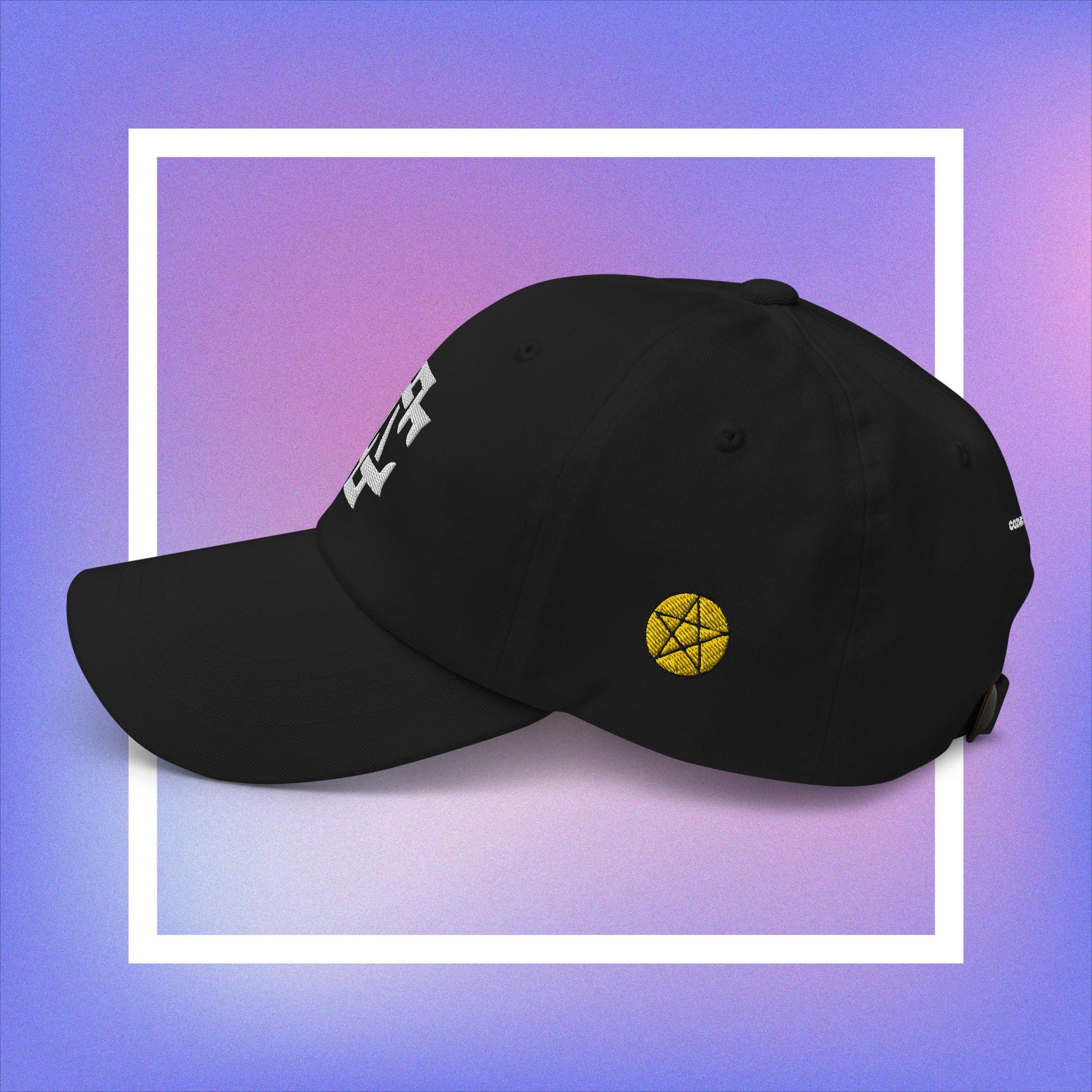 Cozmic Studioz CS Arch Cap for Women: White embroidered CS symbol centered with yellow pentacles on each side of black arched cap.