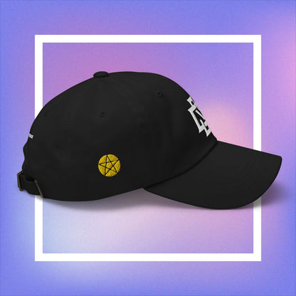 Cozmic Studioz CS Arch Cap for Women: White embroidered CS symbol centered with yellow pentacles on each side of black arched cap.