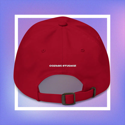 Cozmic Studioz CS Arch Cap for Women: White embroidered CS symbol centered with yellow pentacles on each side of red arched cap.