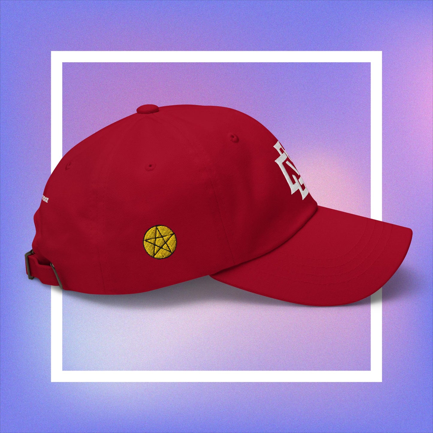 Cozmic Studioz CS Arch Cap for Women: White embroidered CS symbol centered with yellow pentacles on each side of red arched cap.