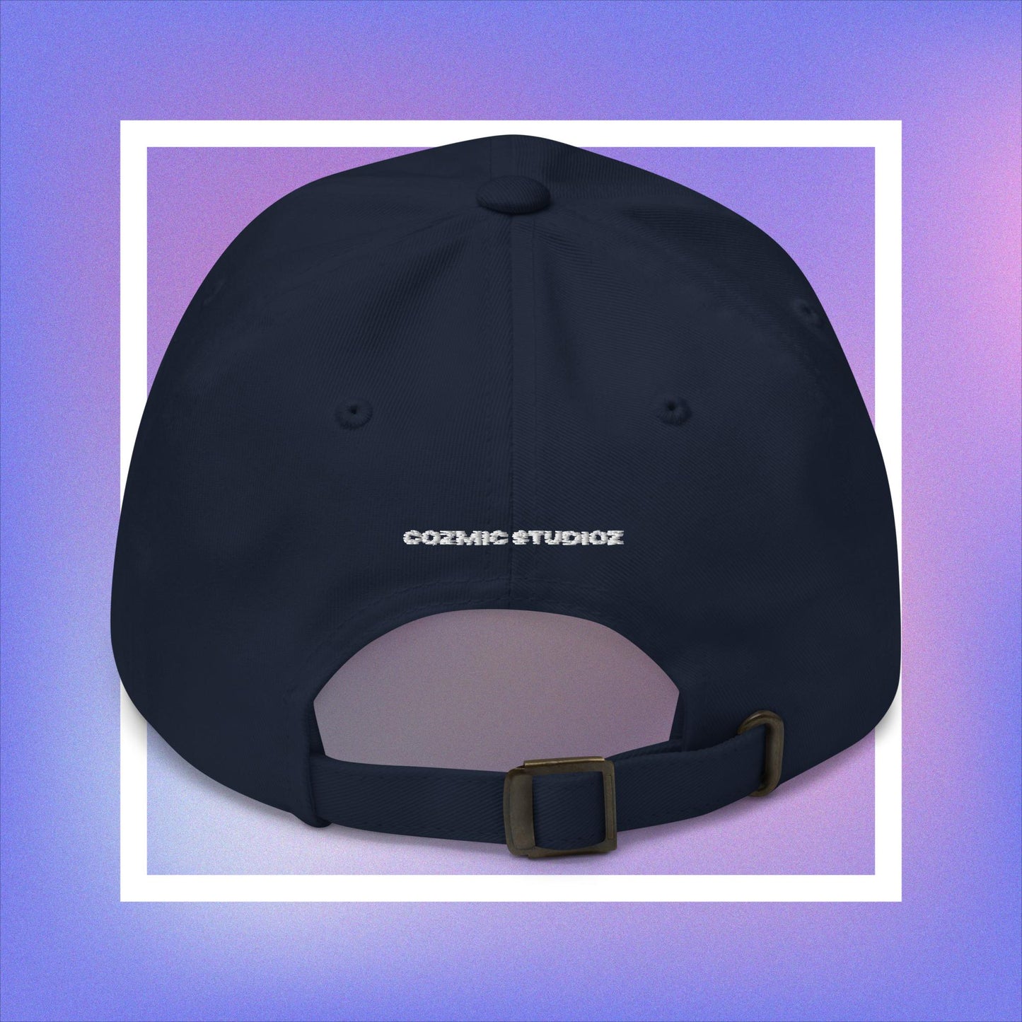 Cozmic Studioz CS Arch Cap for Women: White embroidered CS symbol centered with yellow pentacles on each side of navy blue arched cap.