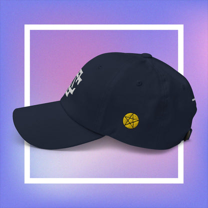 Cozmic Studioz CS Arch Cap for Women: White embroidered CS symbol centered with yellow pentacles on each side of navy blue arched cap.