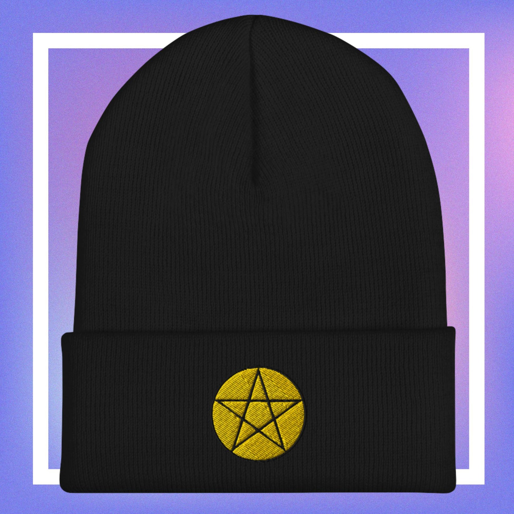 Black beanie with a yellow pentacle star design, for women.