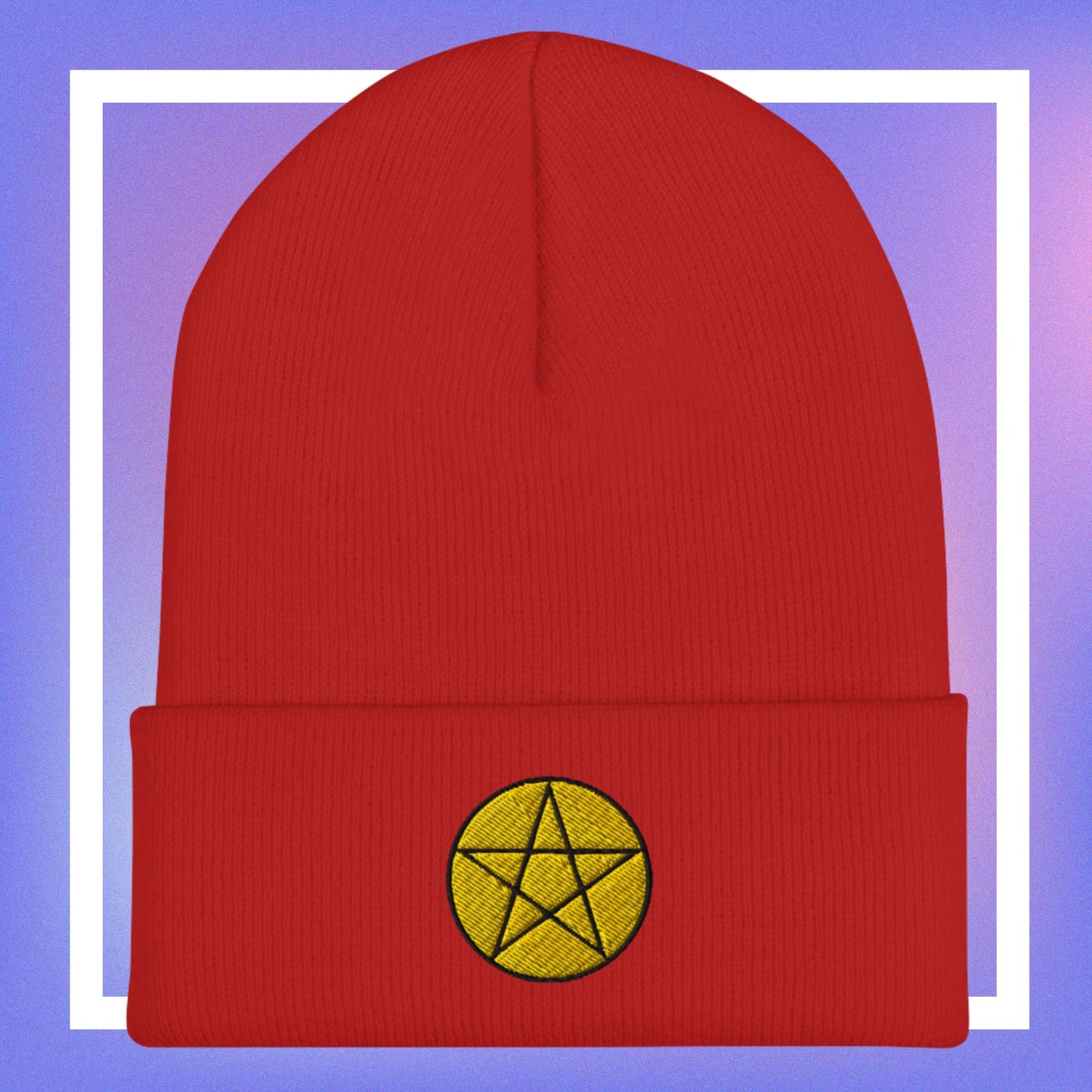 Red beanie with a yellow pentacle star design, for women.