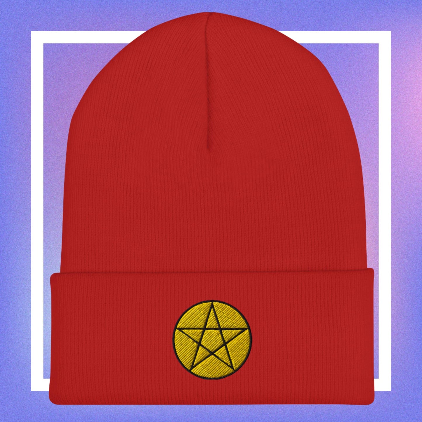 Red beanie with a yellow pentacle star design, for men.